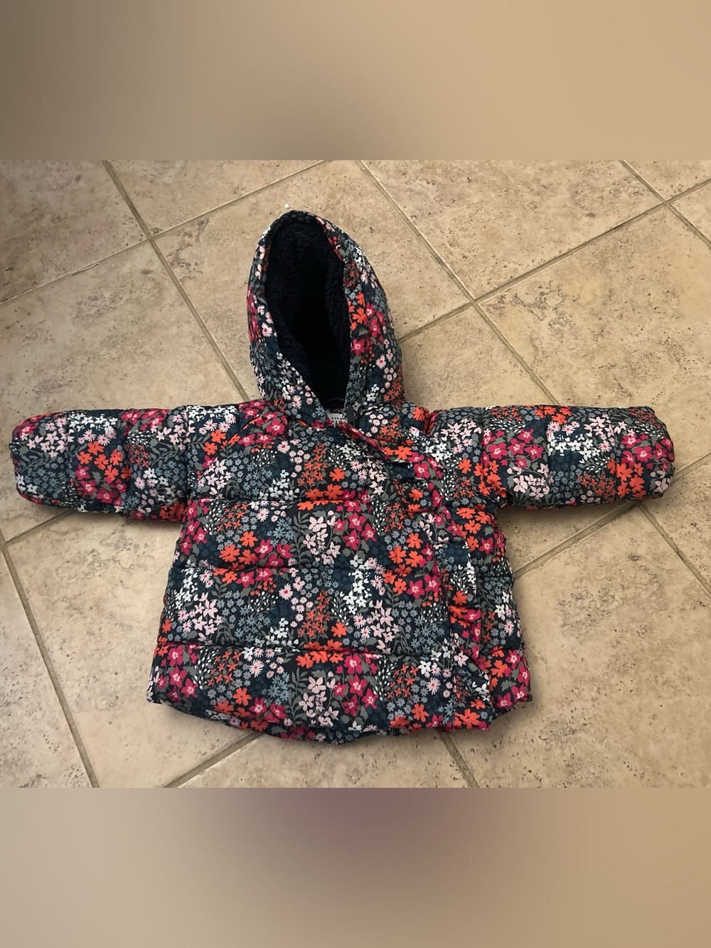GAP Girls Navy Hooded Floral Puffer Jacket (sz 12-18 months)